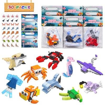 30 Packs Valentines Day Gifts for Kids School, Sea Animal Building Blocks with Valentines Cards for Kids Classroom, Class Gifts Exchange, Party Favors for Kids Boys Girls Friendsine's Greeting Cards