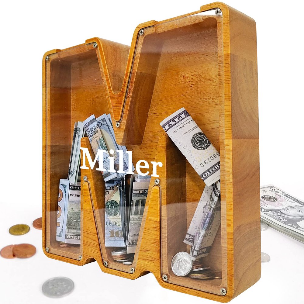 Custom 12" Extra Large Wooden Piggy Bank (Laser Engraved Name), Personalized Piggy Bank for Kids Boys Girls, Alphabet Coin Bank Money Savings Box, Perfect Christmas/Birthday Gift for Grandkids(M)