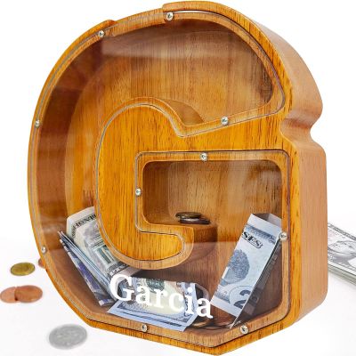 Custom 12" Extra Large Wooden Piggy Bank (Laser Engraved Name), Personalized Piggy Bank for Kids Boys Girls, Alphabet Coin Bank Money Savings Box, Perfect Christmas/Birthday Gift for Grandkids(G)