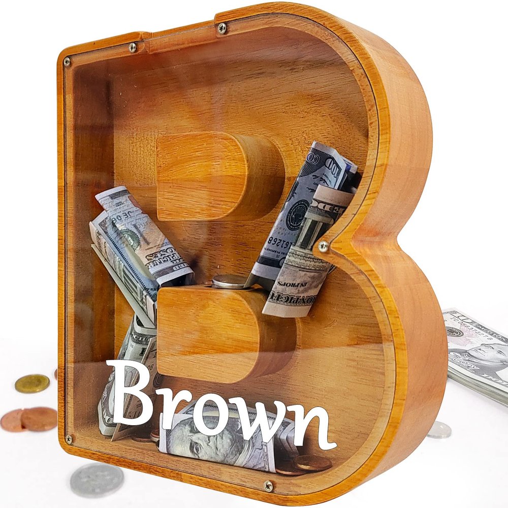 Custom 12" Extra Large Wooden Piggy Bank (Laser Engraved Name), Personalized Piggy Bank for Kids Boys Girls, Alphabet Coin Bank Money Savings Box, Perfect Christmas/Birthday Gift for Grandkids(B)