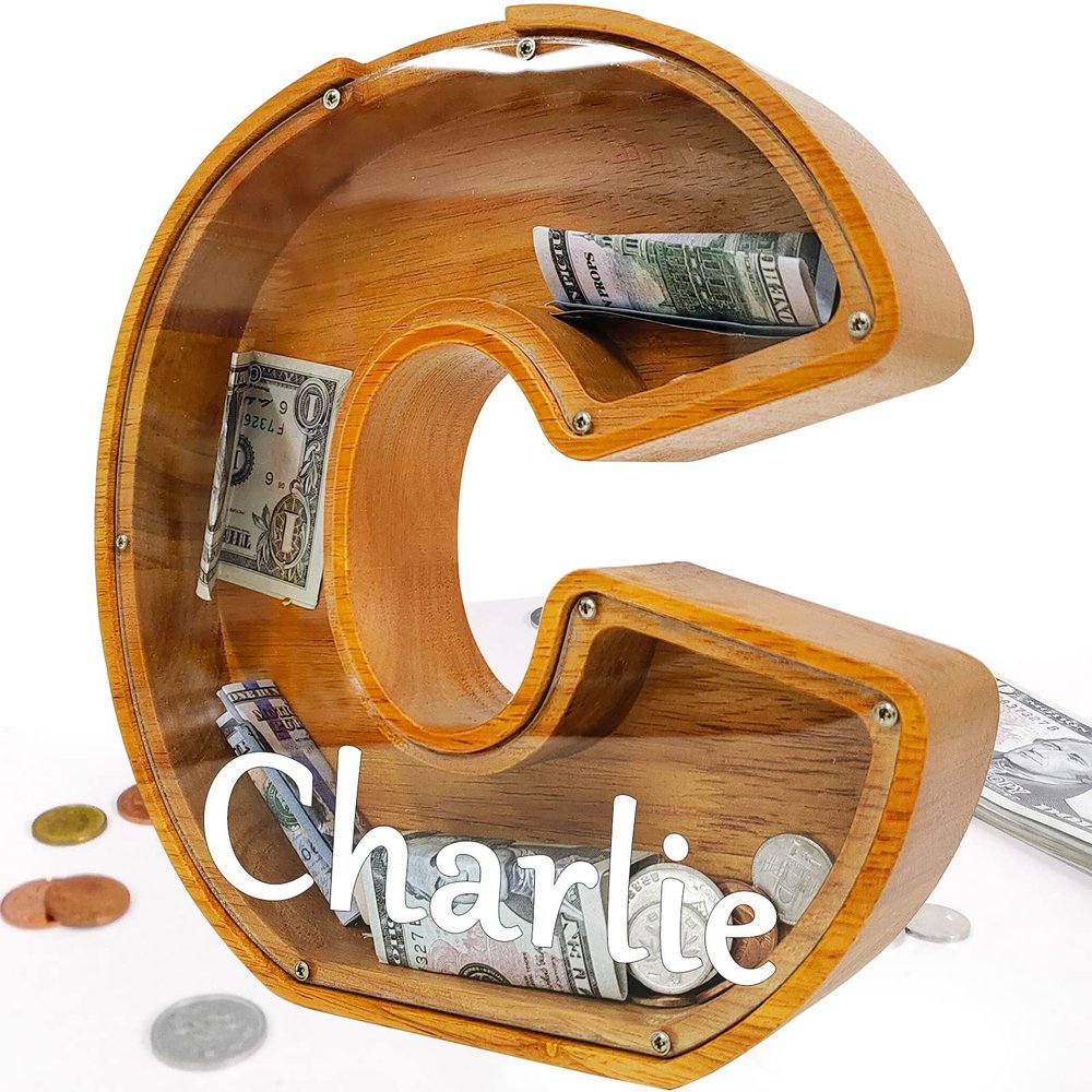 Custom 12" Extra Large Wooden Piggy Bank (Laser Engraved Name), Personalized Piggy Bank for Kids Boys Girls, Alphabet Coin Bank Money Savings Box, Perfect Christmas/Birthday Gift for Grandkids(C)