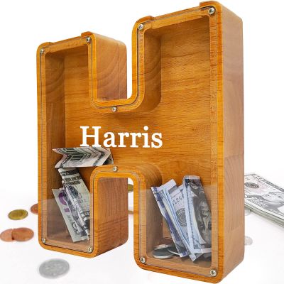 Custom 12" Extra Large Wooden Piggy Bank (Laser Engraved Name), Personalized Piggy Bank for Kids Boys Girls, Alphabet Coin Bank Money Savings Box, Perfect Christmas/Birthday Gift for Grandkids(H)