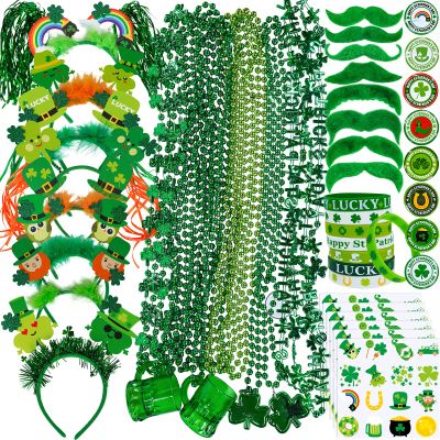 Winlyn 58 Pcs St. Patrick's Day Novelty Jewelry Assortment: Necklaces, Head Boppers, Bracelets, Mustaches, Tattoos & Accessories for St. Patty's Day Irish Party Decor