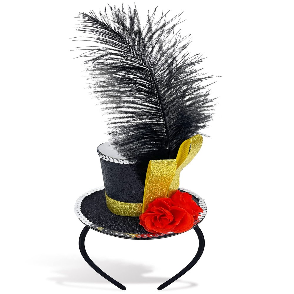 Bnikion Black Mini Top Hat Headband Fascinator Ostrich Feather Top Hat for Ringmaster Circus Costume Accessories Party Derby Tea Party Halloween Carnival Mardi Gras Xmas