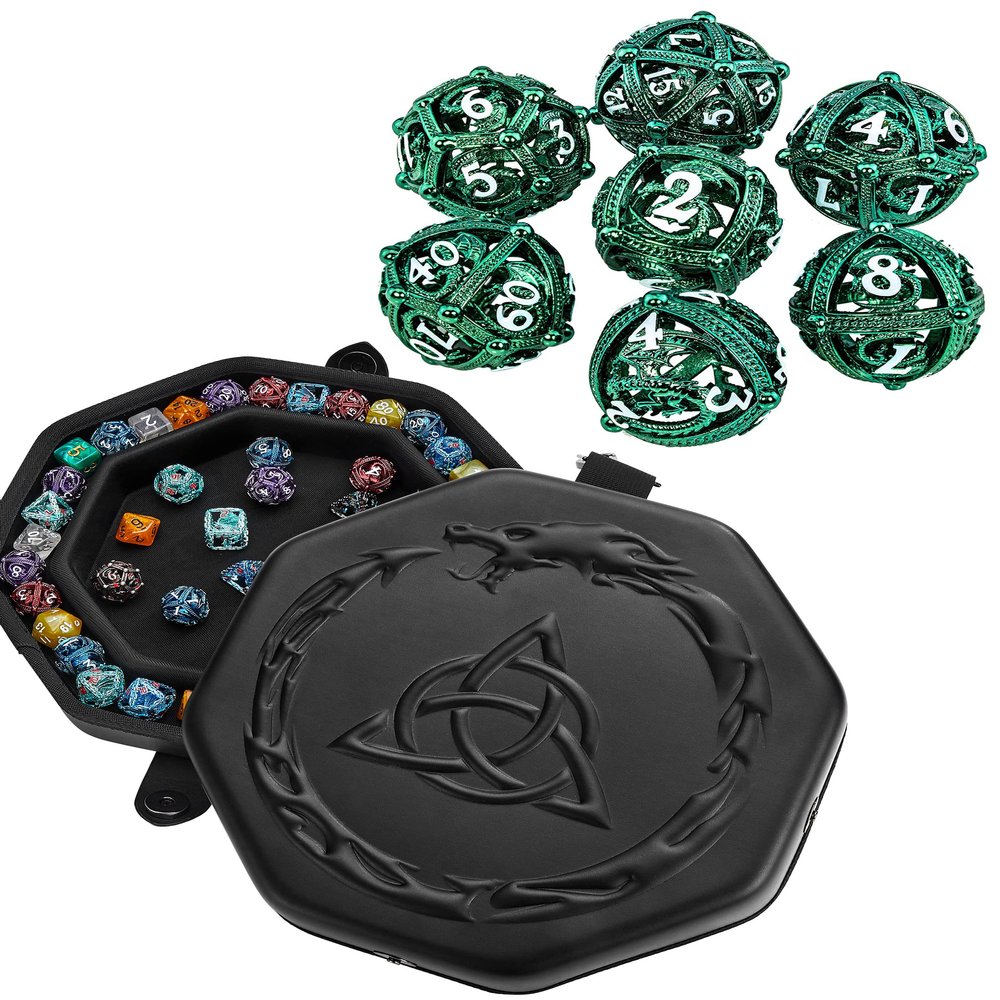 Premium Celtic Knot Dice Tray and Green Hollow orb dice