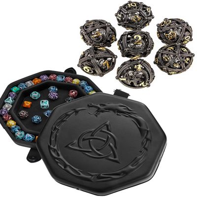 Hollow orb dice (Black Gold) and DND Celtic Knot Dice Tray