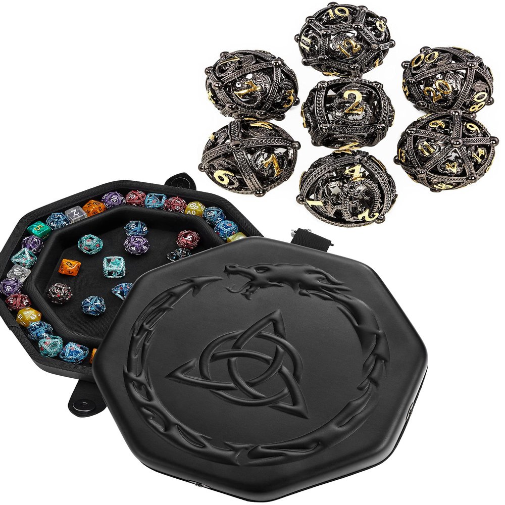 Hollow orb dice (Black Gold) and DND Celtic Knot Dice Tray