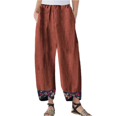 Maiyifu-GJ Women's Printed Linen Wide Leg Pants Summer Elastic Waist Beach Harem Trousers Lightweight Cropped Bottoms Pants (Brown,X-Large)