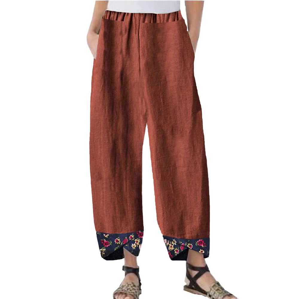 Maiyifu-GJ Women's Printed Linen Wide Leg Pants Summer Elastic Waist Beach Harem Trousers Lightweight Cropped Bottoms Pants (Brown,X-Large)