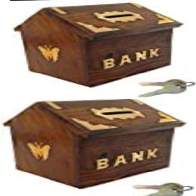 Zifron Wood Store Combo Pach Set of 2 Hut Shape Money Bank Safe Kids // Saving Box Piggy Bank for Travel Fund, Vacation Fund // with Lock and Key