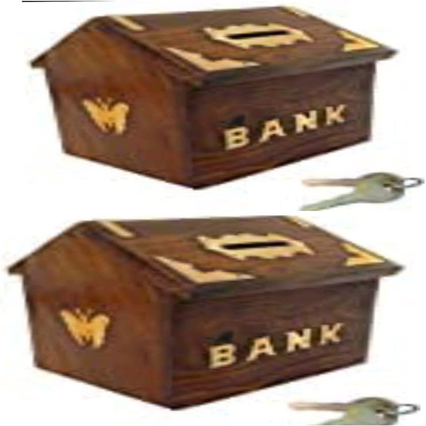 Zifron Wood Store Combo Pach Set of 2 Hut Shape Money Bank Safe Kids // Saving Box Piggy Bank for Travel Fund, Vacation Fund // with Lock and Key