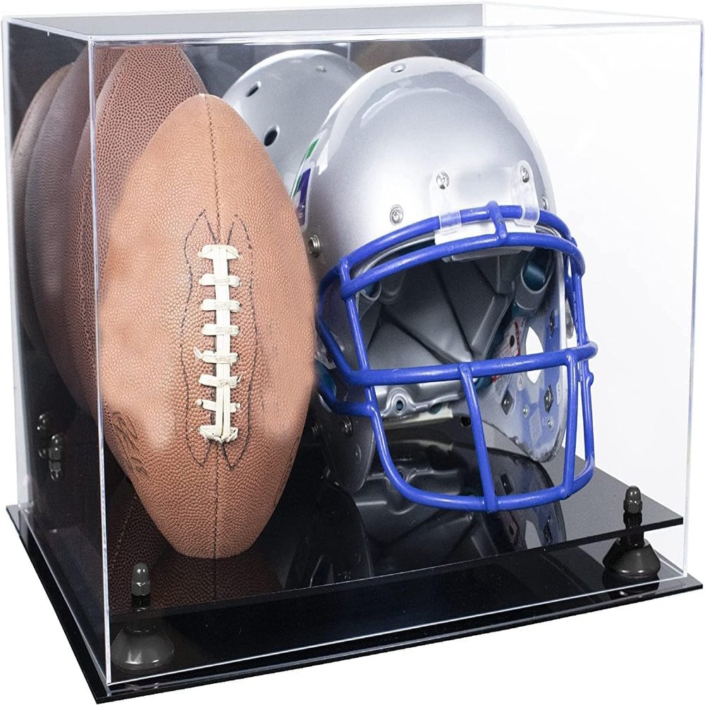 Better Display Cases Acrylic Double Football and Helmet Display Case - Large Rectangle Box with Mirror Case, Black Risers and Black Base 18" x 14" x 12" (A014/B60)