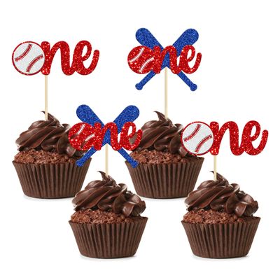 24Pcs Baseball 1st Birthday Cupcake Toppers Glitter First Birthday Baseball One Cupcake Picks Decorations for Baseball Sports Theme Baby Shower 1st Birthday Party Supplies