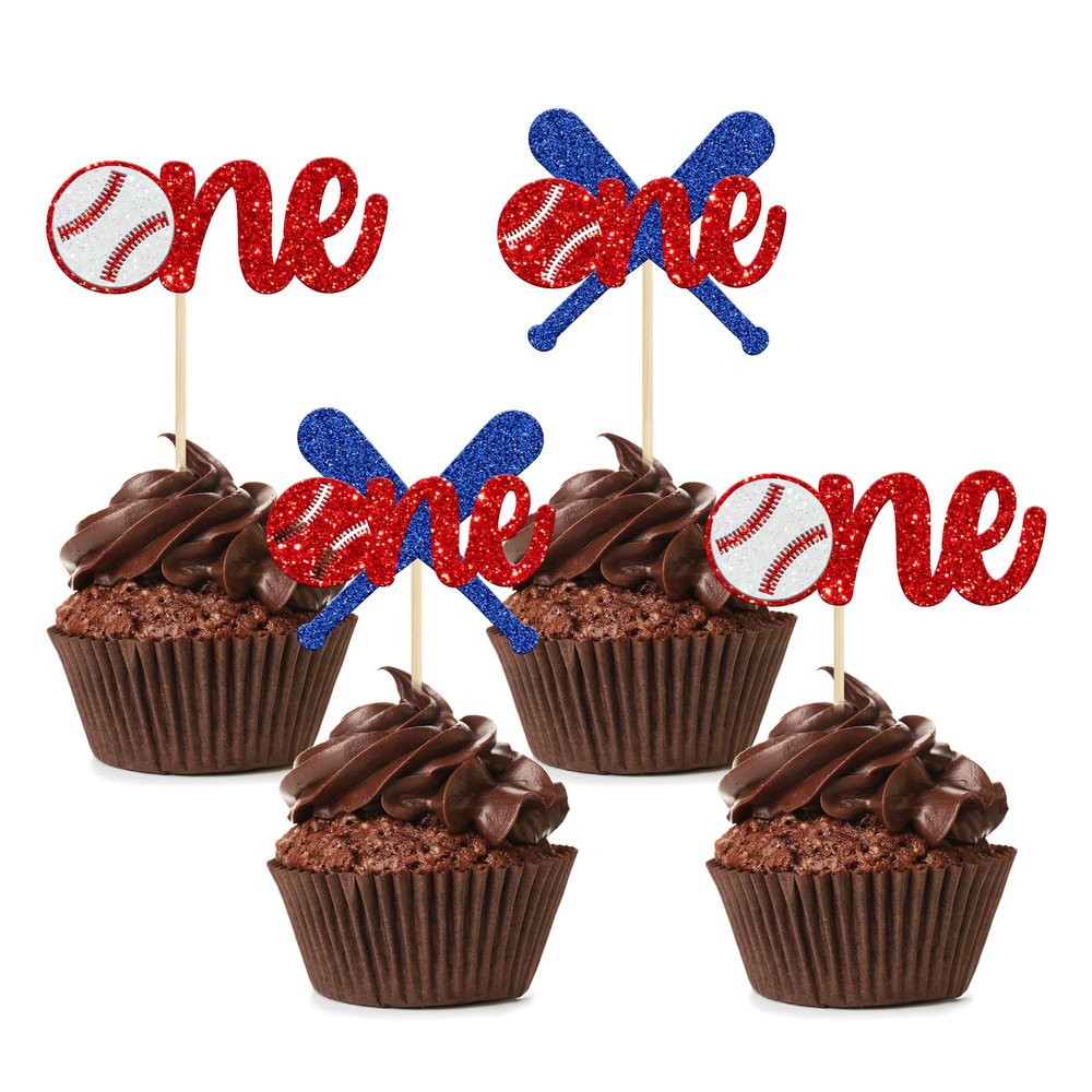 24Pcs Baseball 1st Birthday Cupcake Toppers Glitter First Birthday Baseball One Cupcake Picks Decorations for Baseball Sports Theme Baby Shower 1st Birthday Party Supplies