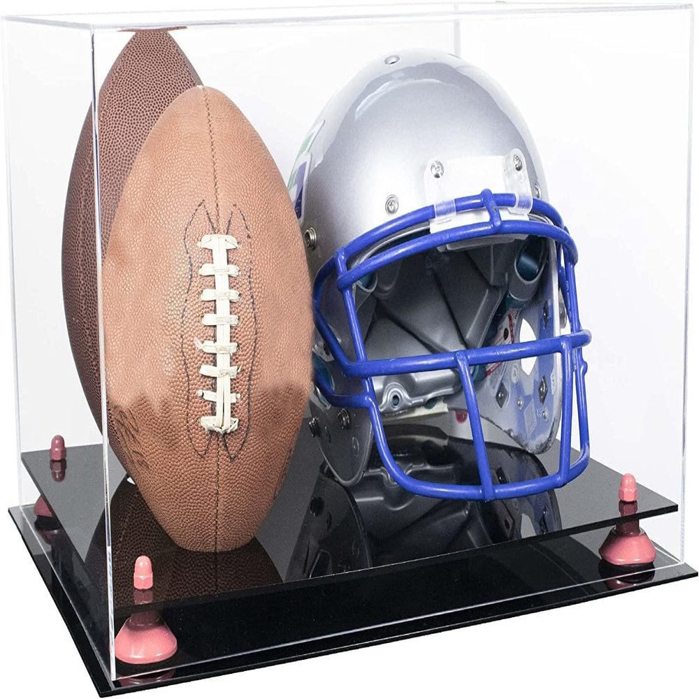 Better Display Cases Acrylic Double Football and Helmet Display Case - Large Rectangle Box with Clear Case, Pink Risers and Black Base 18" x 14" x 12" (A014/B60)