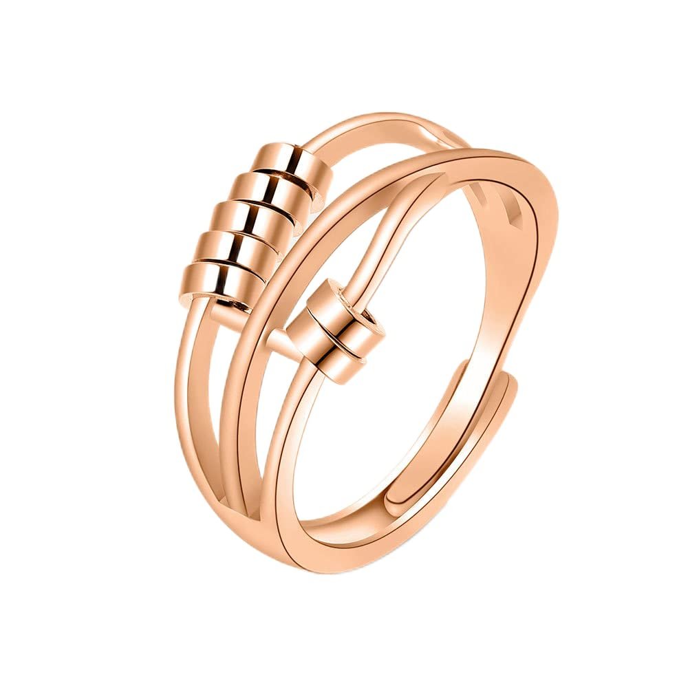 LIOYSIUT 925 silver anti-anxiety ring gadget ring for women and men anxiety ring rotating finger ring with beads for anxiety sufferers rotating ring (Rose Gold)