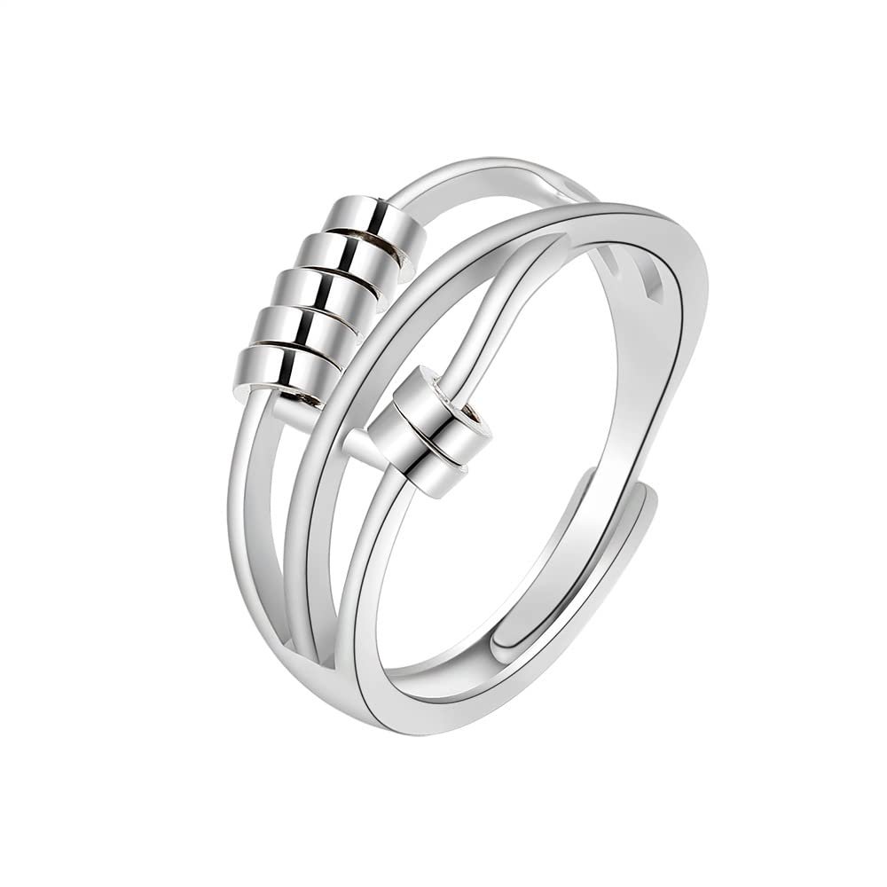 LIOYSIUT 925 silver anti-anxiety ring gadget ring for women and men anxiety ring rotating finger ring with beads for anxiety sufferers rotating ring (Platinum)