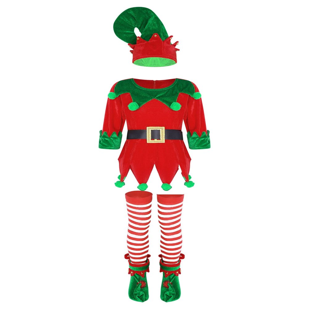 Aislor Kids Christmas Elf Costume Set Girls Boys Elf Fancy Dress Up Festive Party Santa's Suit with Elf Hat Shoes Belt Red 3-4 Years