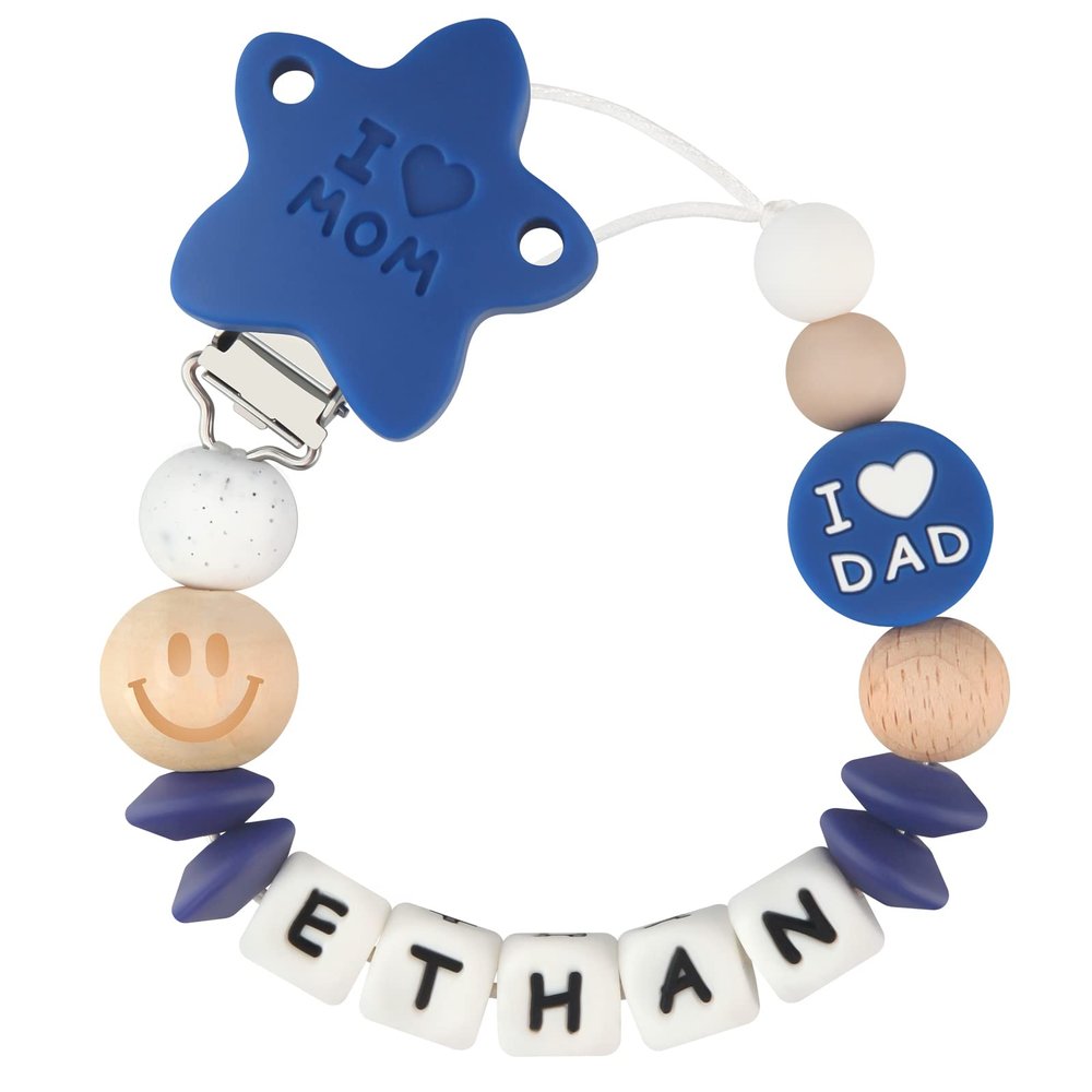 Personalized Pacifier Clip with Name for Baby Boys Girls Customized Paci Leash Binky Chain Holder(Navy Blue)