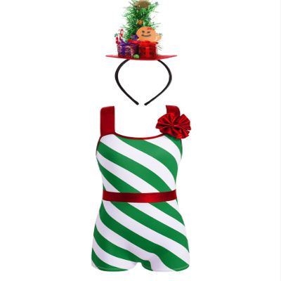 Aislor Kids Girls Christmas Candy Cane Costume Striped Ballet Dance Leotard Jumpsuit with Headband Hair Hoop Dancewear Green 10 Years
