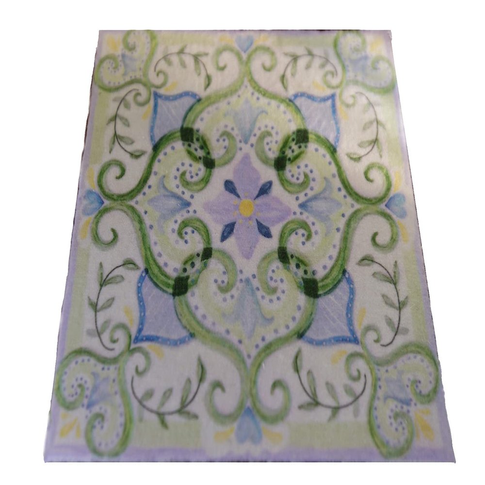 112 Scale Square Shape Miniature Dollhouse Rug Light Blue Olive Leaves Beautiful Design