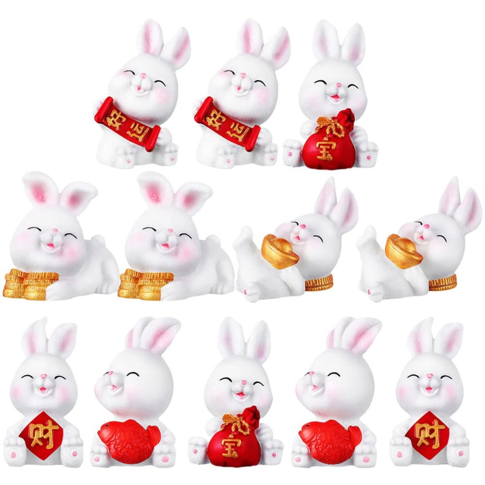 Tofficu 12pcs Miniature Rabbit Figurines 2023 Bunny Figurines Zodiac Animal Figures 2023 Year of The Rabbit Statue Xmas Chinese New Year Decor for Cake Dollhouse