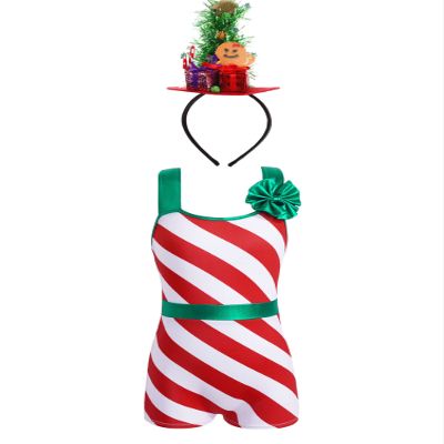Aislor Kids Girls Christmas Candy Cane Costume Striped Ballet Dance Leotard Jumpsuit with Headband Hair Hoop Dancewear Red 4 Years