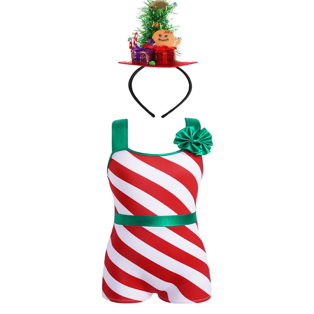 Aislor Kids Girls Christmas Candy Cane Costume Striped Ballet Dance Leotard Jumpsuit with Headband Hair Hoop Dancewear Red 4 Years