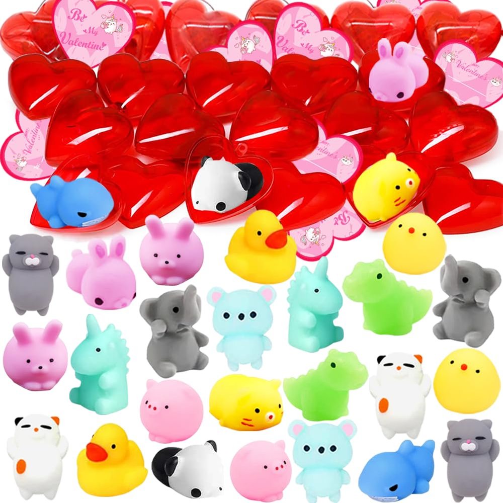 28 Pcs Valentine Mochi Squishies Toys Filled Hearts with Valentines Day Cards for Kids, Kawaii Stress Relief Squishies Toy for Valentine's Party Favors Boys Girls Exchange Gifts Classroom Prizes