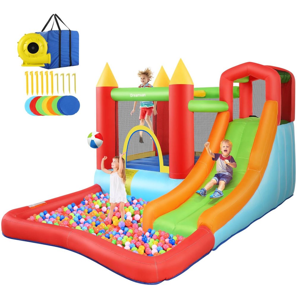 DREAMVAN Inflatable Bounce House with Blower, Bouncy Castle/Waterslide & Pool for Wet Dry Combo, Fun Bounce Area with Basketball Hoop Jumping Castle for Kids 3-10 Backyard