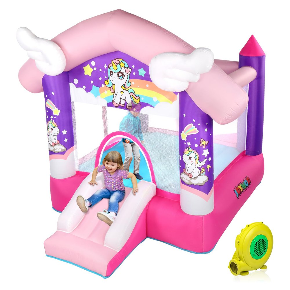 JOYMOR Pink Inflatable Bounce House with Slide, Unicorn Theme Princess, for Girls Outdoor and Indoor Use, Pink Bounce House for Kids 3-6 (Blower Included)