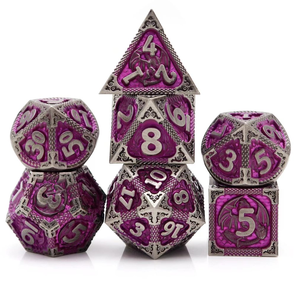 PJOY Metal DND Dice Set with Dice Case Antique Silver Purple Dragon D&D Polyhedral Dice for RPG Role Playing Games Compatible with Dungeons and Dragons TTRPG Gifts