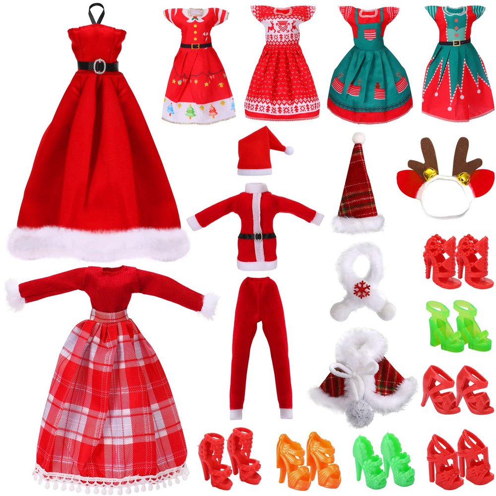 JANYUN Christmas Doll Clothes and Accessories,Doll Clothes Sets Party Dresses Outfits Xmas Gift Costumes Doll Shoes for Christmas Party Favors Girl Gift(Dolls not Included)