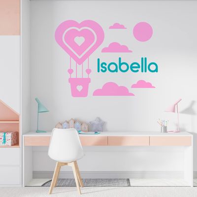 Cute Heart-Shaped Balloon in Sky Patterns with Your Own Name Sticker - Personalize Colorful Girls Name Decal with Any Color and Size 46x54 in inches