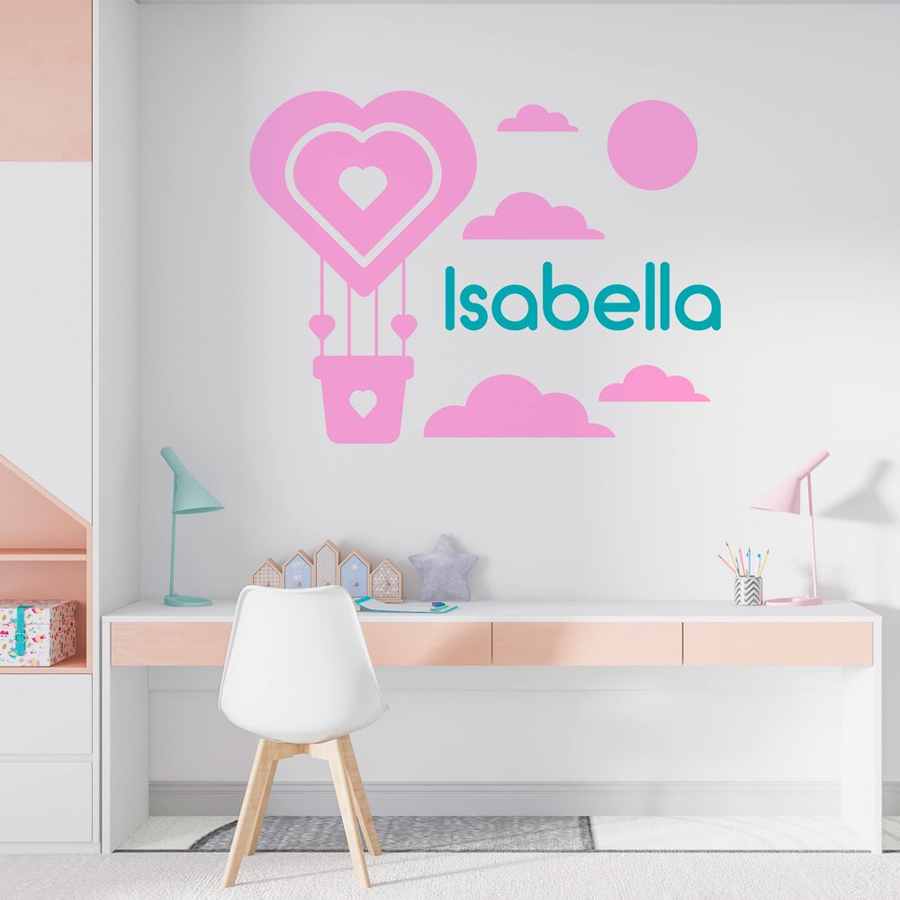 Cute Heart-Shaped Balloon in Sky Patterns with Your Own Name Sticker - Personalize Colorful Girls Name Decal with Any Color and Size 46x54 in inches