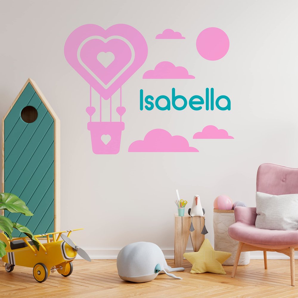Cute Heart-Shaped Balloon in Sky Patterns with Your Own Name Sticker - Personalize Colorful Girls Name Decal with Any Color and Size 35x47 in inches