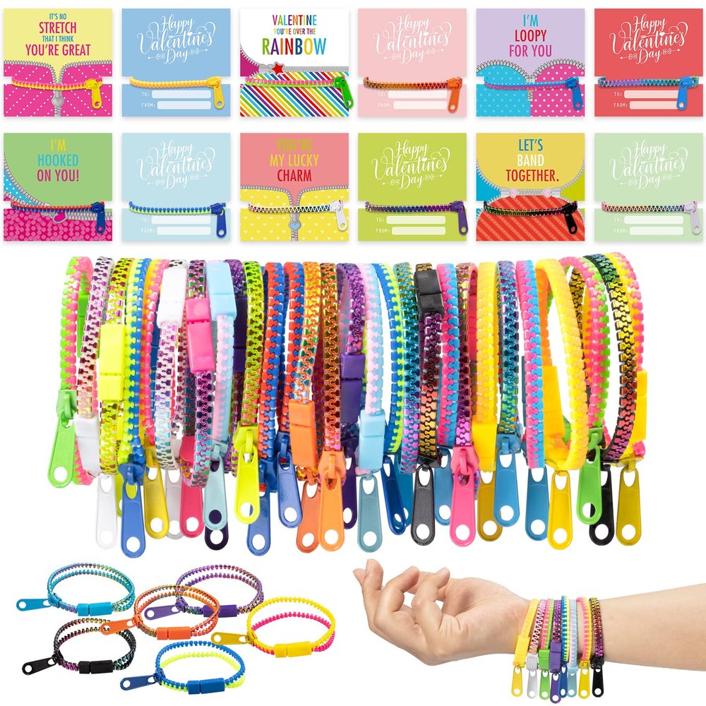 OuMuaMua Valentines Gift for Kids Classroom - 30 Pack Valentines Exchange Cards with Zipper Bracelets for School Class Exchange Gifts, Toddlers Girls Boys Valentines Gifts
