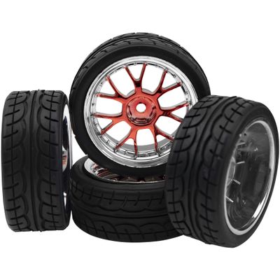 4Pack HIRCQOO 12mm Hex Plastic Wheel Rims & 2.59" Rubber Tires Set w/Foam Compatible with Traxxas Kyosho HPI Tamiya TT-01 TT-02 Sakura HSP 1/10 RC On-Road Touring Car (Red)