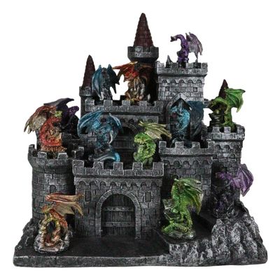 Ebros Gift Medieval Mini Dragons Guarding King's Landing Castle Fortress Display Stand Figurine Set 11" Tall Consisting of 12 Colorful Miniature Dragons and Rocky Castle Display Setup