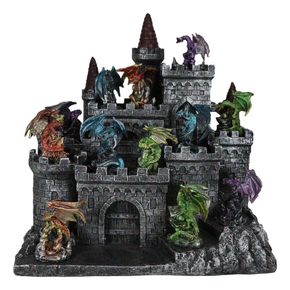 Ebros Gift Medieval Mini Dragons Guarding King's Landing Castle Fortress Display Stand Figurine Set 11" Tall Consisting of 12 Colorful Miniature Dragons and Rocky Castle Display Setup