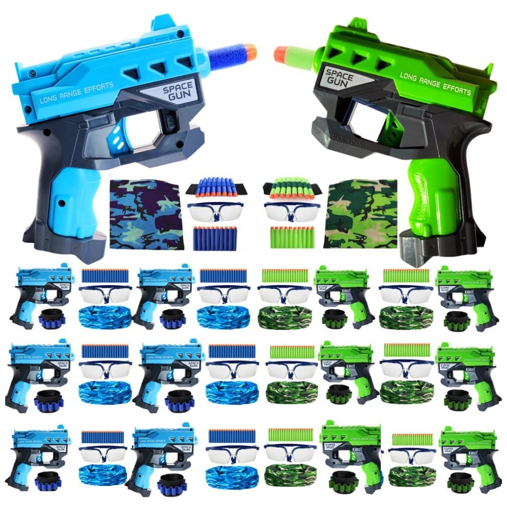Wishery Accessories for Nerf Party Supplies, Nerf Party Favors - 12 Sets. Boys Birthday, War Bulk Pack. Mini Guns, Darts, Glasses, Masks, Wristbands