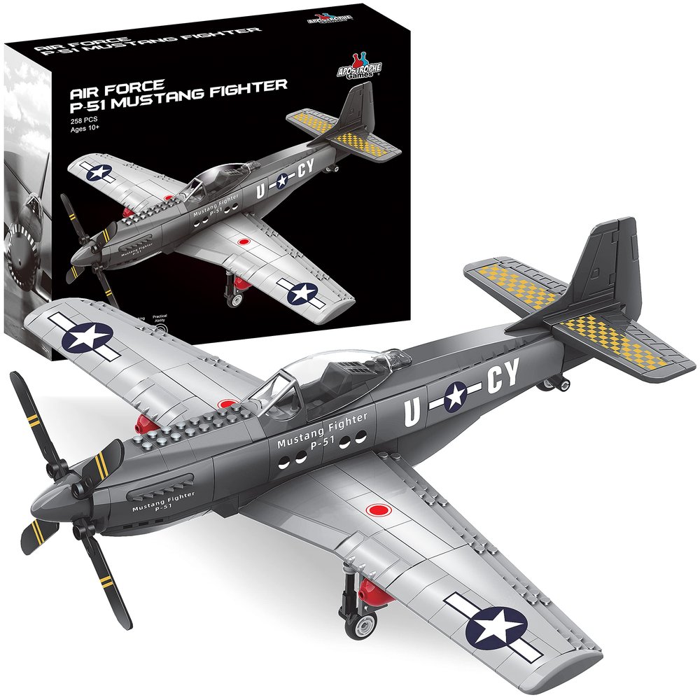 Apostrophe Games WW2 P-51 Mustang Fighter Plane Building Block Set 258 -Pcs Building Toys Set Plane Toy for Kids Older Than 10 and Adults Compatible with All Building Bricks