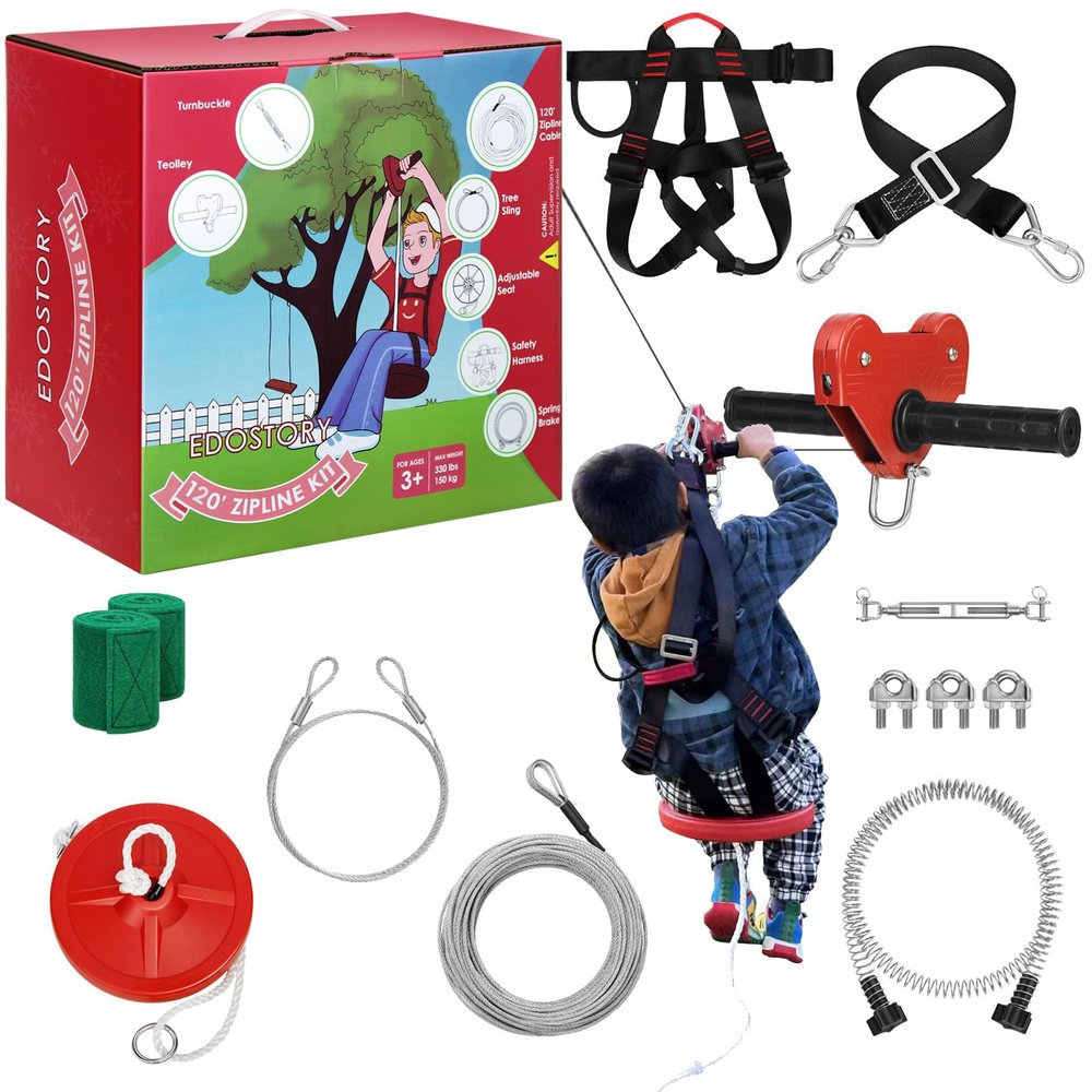 EDOSTORY 120 Feet Backyard Zip Line Kit for Kids and Adult Outdoor Up to 330lb with Stainless Steel Ziplines Spring Brake and Safety Harness, Christmas and Birthday Gifts for Kids(Red)