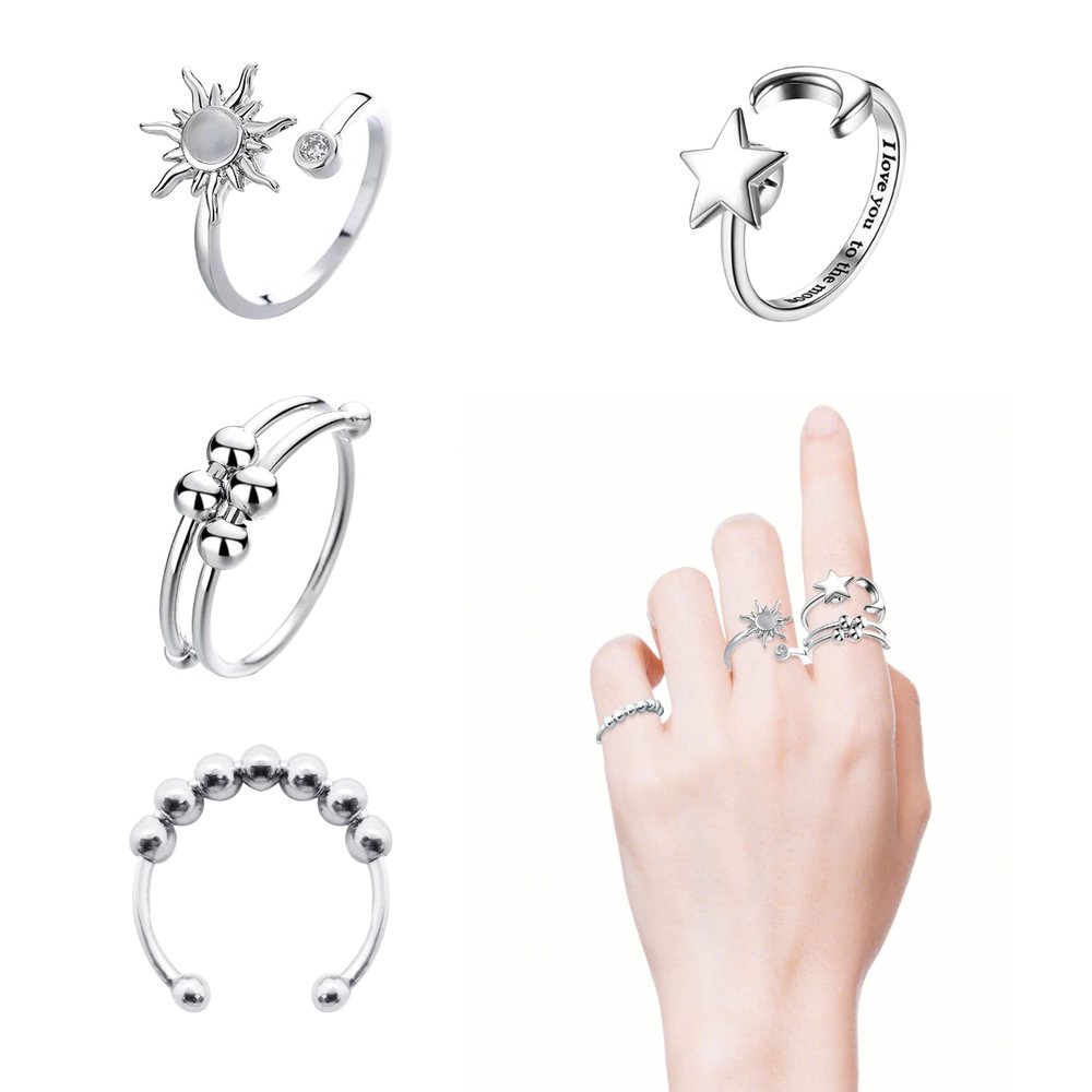 ATCEME 4PCS Fidget Rings for Women Adjustable Stress Relief Fidget Spinner Ring Stainless Steel Sun Moon Star Bead Rotatable Fidget Rings (Silver)