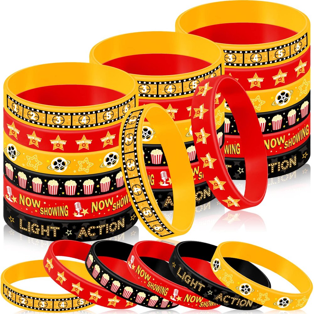 Deekin 36 Pcs Movie Night Rubber Bracelets Movie Night Decorations Elastic Silicone Wristbands Bracelets Party Decorations for Office School Birthday Gifts, 6 Designs