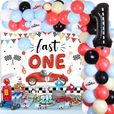 Fangleland Fast One Birthday Decorations, Vintage Race Car Balloon Garland Kit & Pastel Blue Yellow Fast One Backdrop with Checkered Flag - Number 1 Wheel Balloons for Boys 1st Birthday Supplies