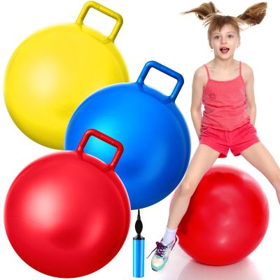 Lewtemi 3 Pcs 22 Inch Bouncing Ball with Handle, Outdoors Hopper Jumping Hopping Ball and Air Pump for Sports Exercise (Red, Blue, Yellow)