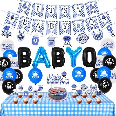 Cheereveal BBQ Baby Shower Decorations Boy Blue, Baby Q Party Decorations with Blue Checked Tablecloth Baby Q Foil Balloons for Barbecue Themed Baby Shower Birthday Party