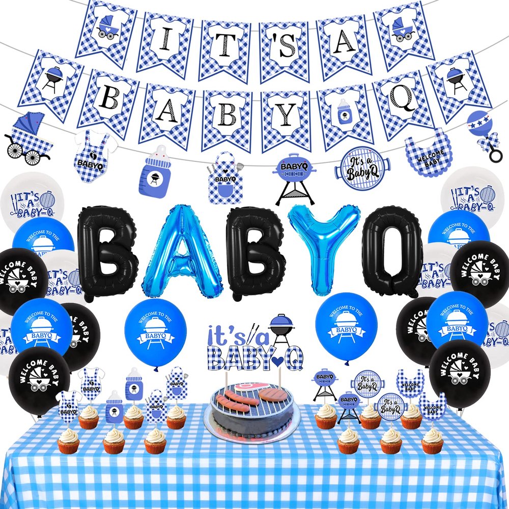 Cheereveal BBQ Baby Shower Decorations Boy Blue, Baby Q Party Decorations with Blue Checked Tablecloth Baby Q Foil Balloons for Barbecue Themed Baby Shower Birthday Party