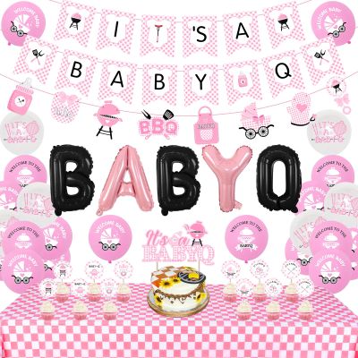 Cheereveal BBQ Baby Shower Decorations Girl Pink, Baby Q Party Decorations with Pink Checked Tablecloth Baby Q Foil Balloons for Barbecue Themed Baby Shower Birthday Party